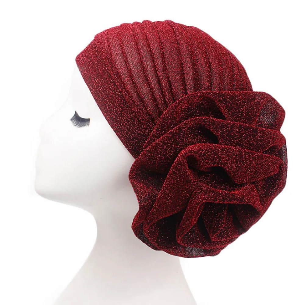

Women Bright Muslim Turban Hijabs Big Flower Elastic Cloth Head Wrap Ladies Wedding Party Hair Accessories Fashion Headwear