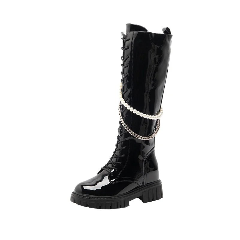 

Winter Lady‘s Shoes High Top Wool Thick Soled Round Toe Raised Inside Pearl Metal Chain Knight Martin Boots For Women