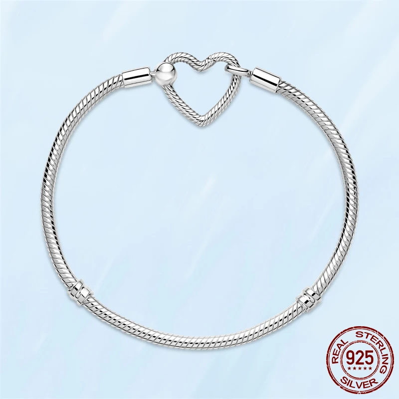 

Fashion 925 Sterling Silver Heart Closure Snake Bracelet Women Fit Original Pandora Charm Beads Jewelry bisuteria bijoux luxe
