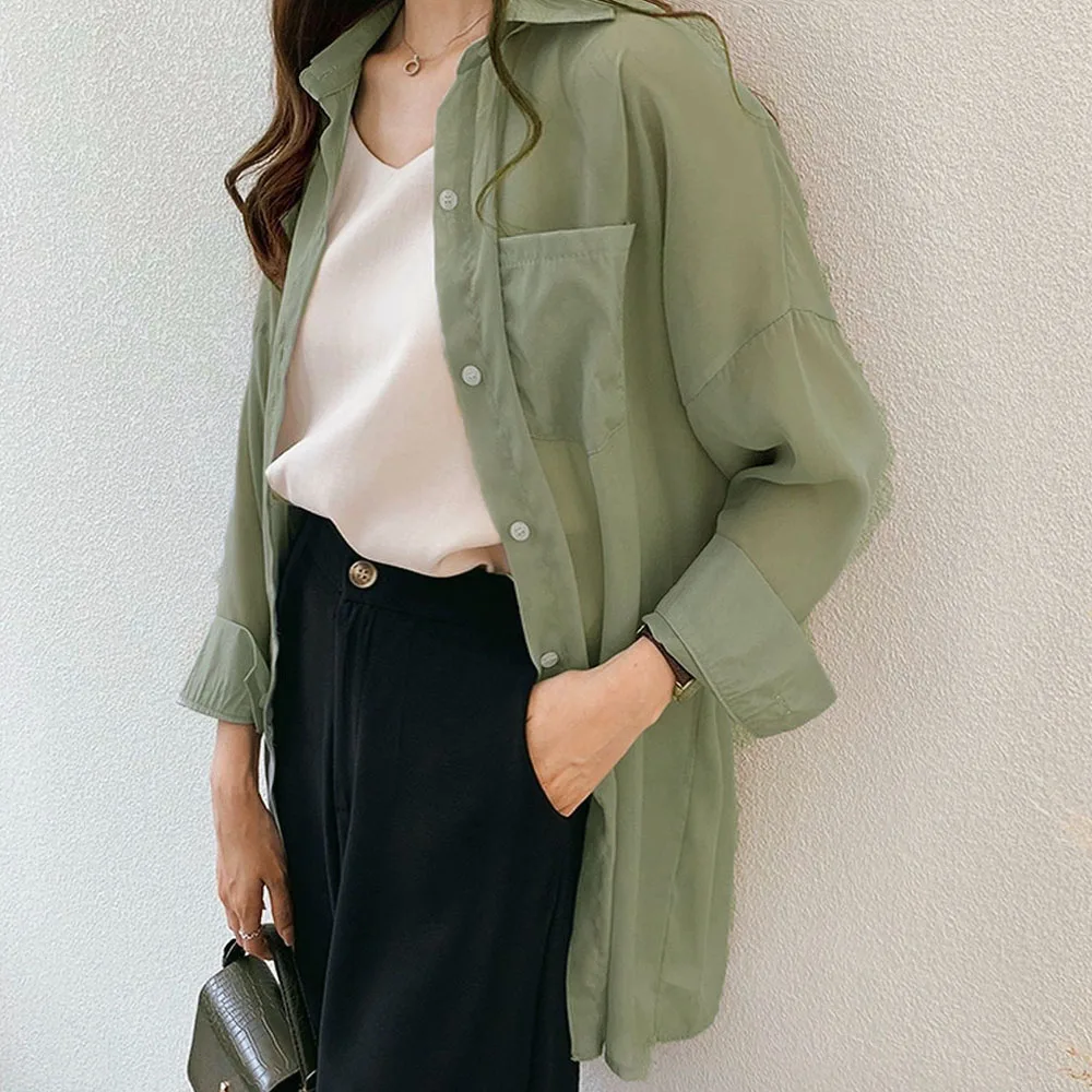 Женская блузка с длинным рукавом Повседневная простая зеленая в Корейском стиле