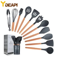 ydeapi 12pcs silicone wooden handle cooking utensils set non stick spatula shovel cooking tools with storage box kitchen tools