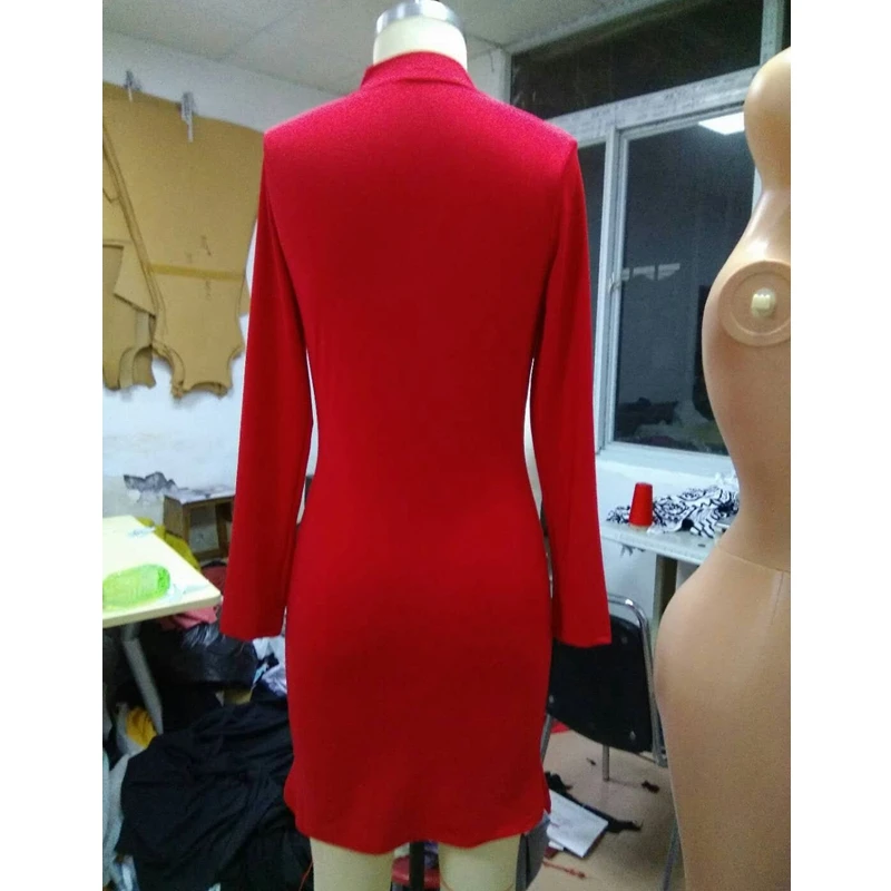 

Mandylandy Dress Summer Fashion Hole O-Neck High Waist Long Sleeve Dress Women's Casual Solid Color Slim Mini Dress