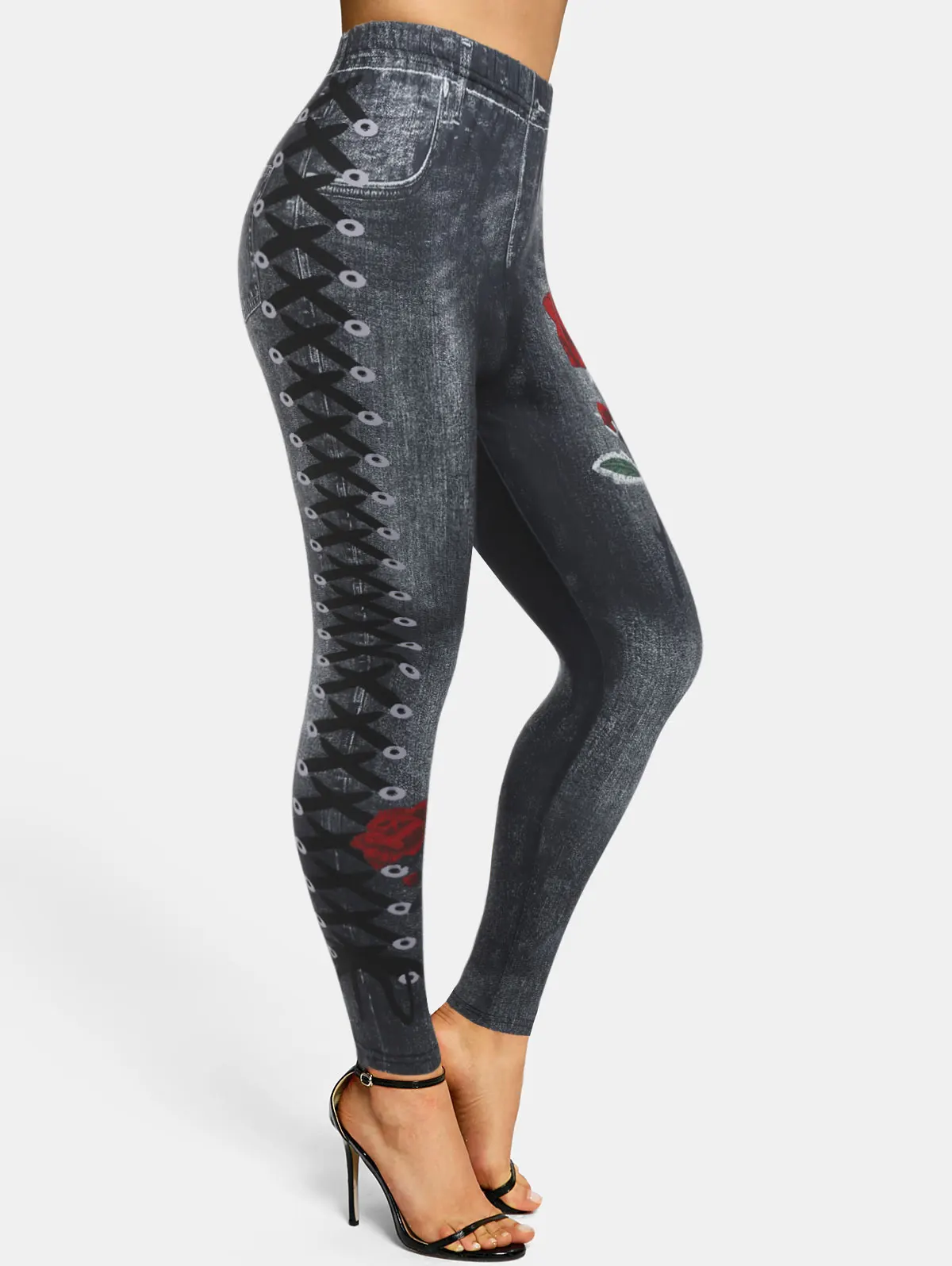 

Fashion Flowers Lace-up 3D Print High Waisted Skinny Jeggings Women'S Pants Trousers Stretch Leggings