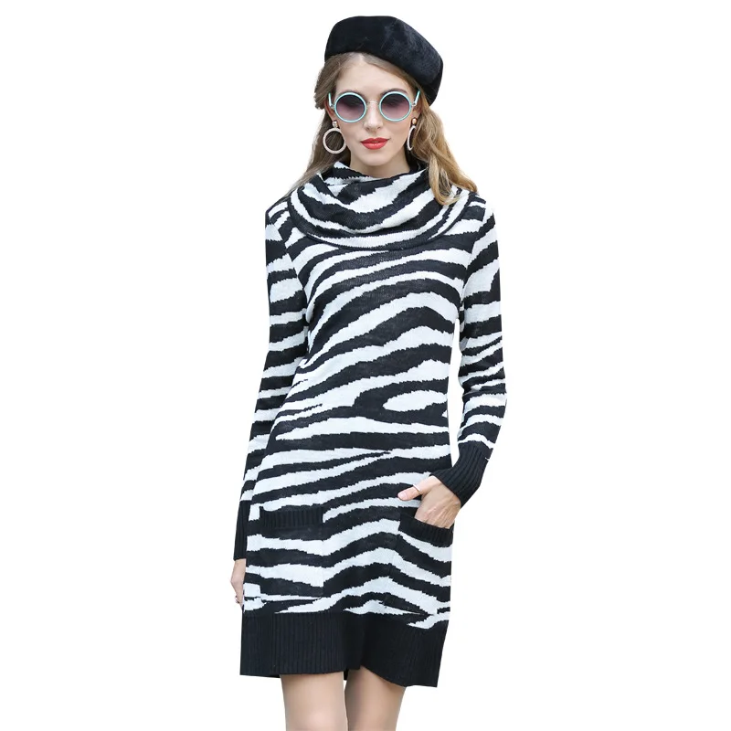

2020 autumn and winter high neck mid-length sweater women European and American women's striped mid-length knitted dress