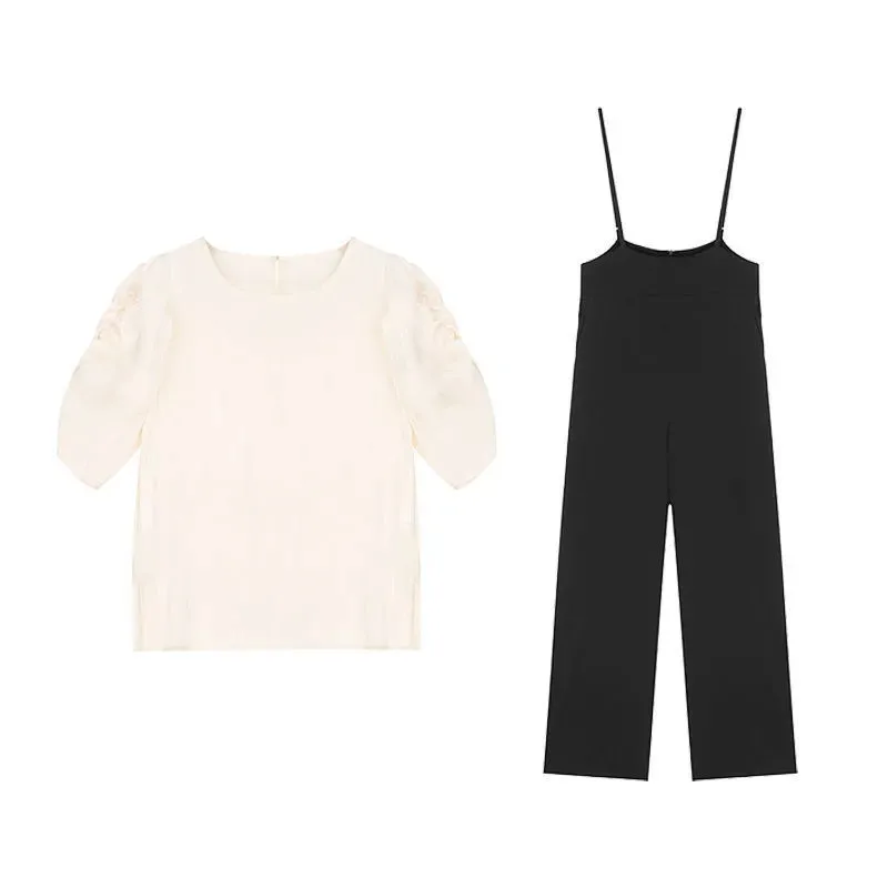 

Young Style Summer Solid two piece womens Lovely O-Neck Folds Puff Sleeve top+High Waist Overalls Fashion Casual plus size sets