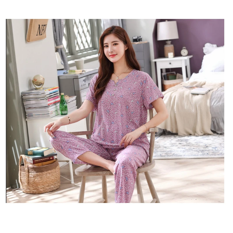 

Women Loose Pajama Sets Pijama Sleepwear Lady Short Sleeve Summer Nightwear Femme 2 Pieces Homewear