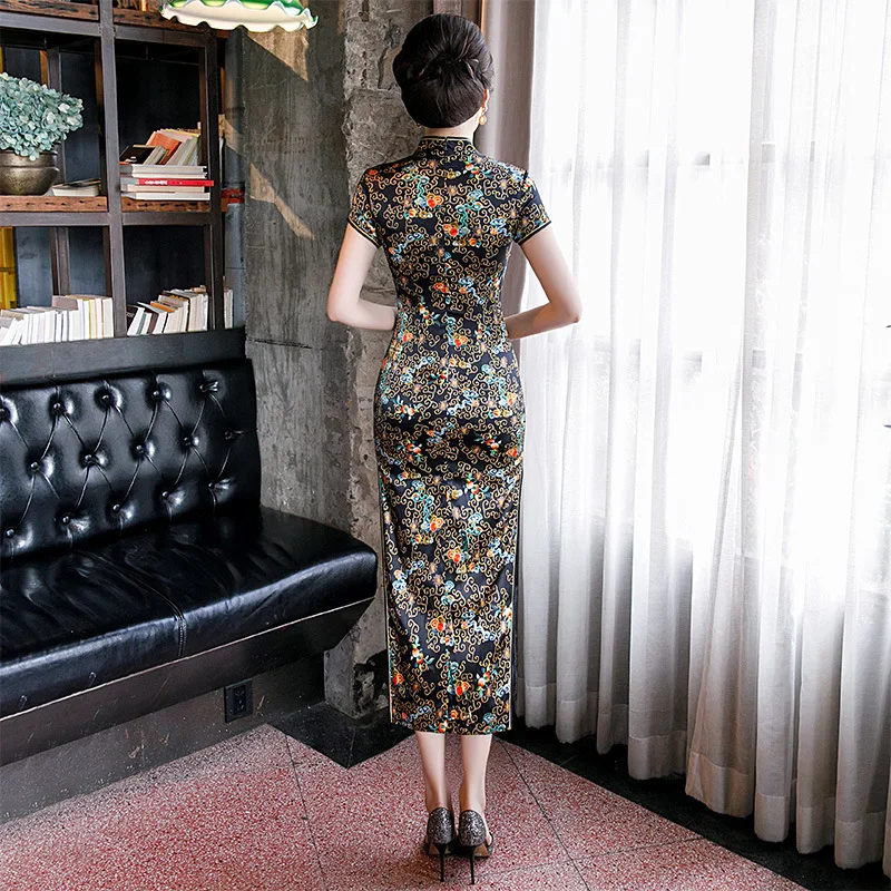 Весенне летние традиционные костюмы Ципао с коротким рукавом шелковое вечернее