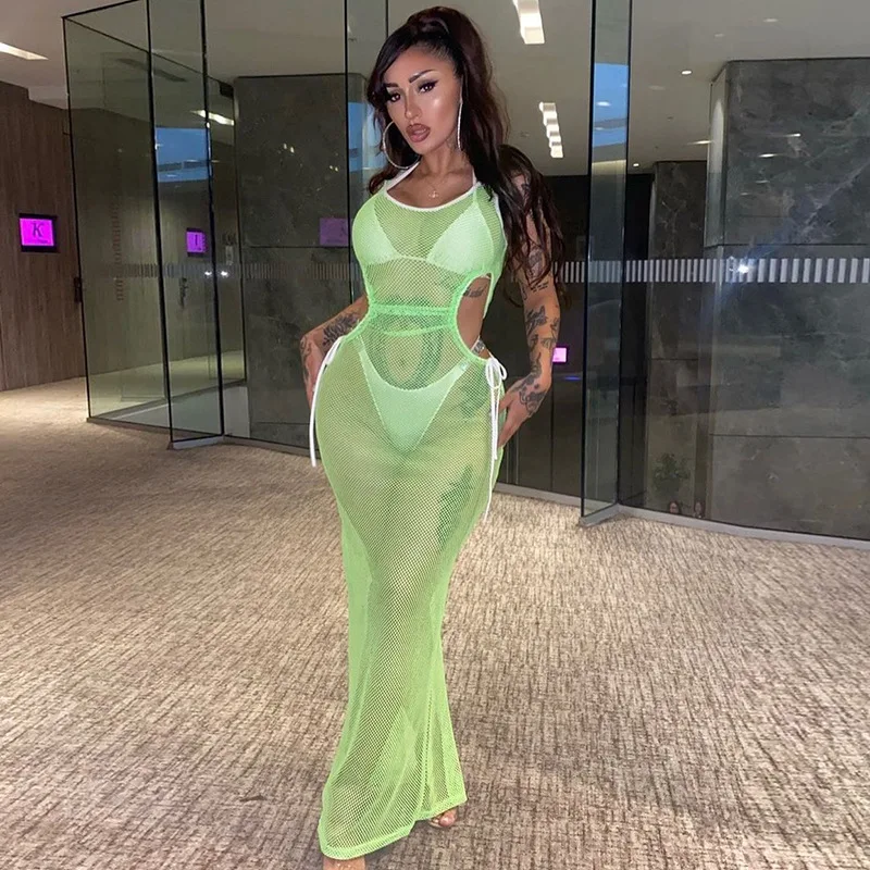 

DSMTRC Hot Sexy See Through Birthday Outfit For Women Summer Sheer Tank Dresses New Mesh Cut Out Bodycon Sleeveless Maxi Dress