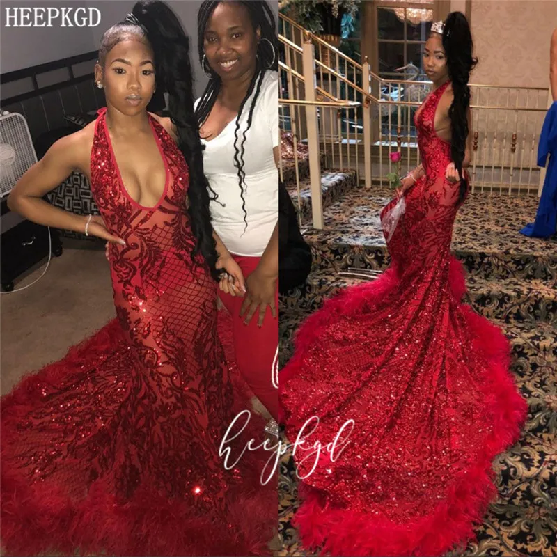 

Luxury Red Sequins Mermaid Prom Dresses With Feathers Backless Long Train Black Girls Pageant Dress Customize Graduation Gowns