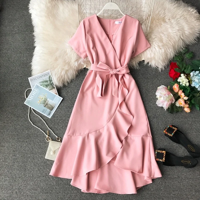 

Short Sleeve Elegant Ruffles Slit Dress Women Party Sashes Slim Fit V-neck A Line Dress Mid-length Asymmetric Dresses Red Green