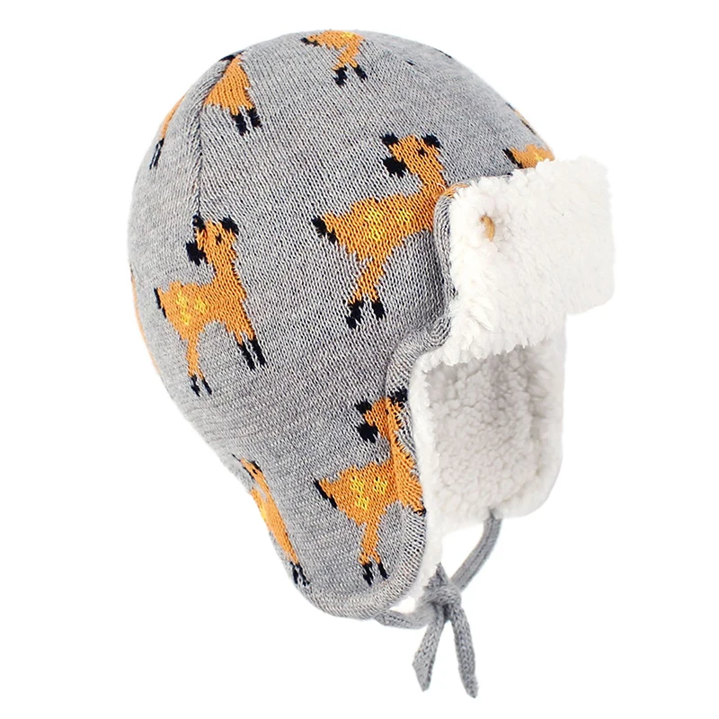 Зимняя шапка бомбер для мальчиков и девочек вязаная детская с ушками оленями