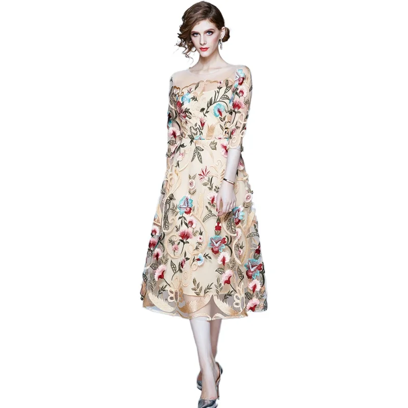 

Simgent Embroidery Dress 2020 Women Autumn Mesh Patchworl Floral High End Midi Long Elegant Dress Vestidos Robe Femme SG08145