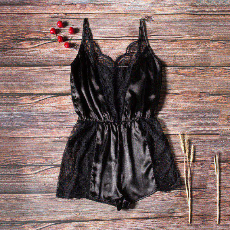 

Hot Sale Wholesale Women's Jumpsuits Sexy Hollow Out Lace Perspective Onesies Blackless Lingerie Pajama Bodysuits Sleepwear New