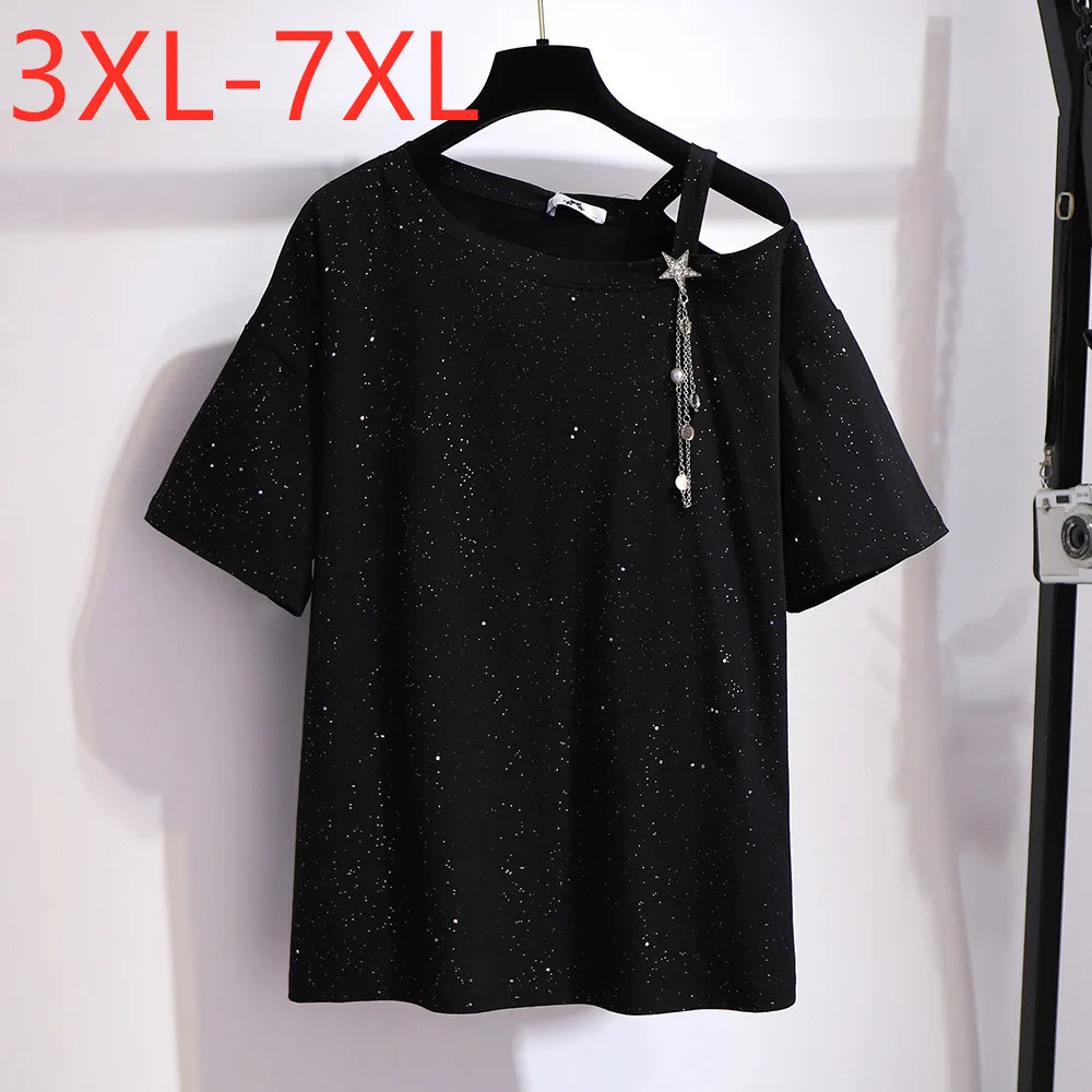 

Женская свободная футболка с блестками Missfansiqi, черная хлопковая футболка с коротким рукавом и открытыми плечами, размеры 3x L-7XL, лето