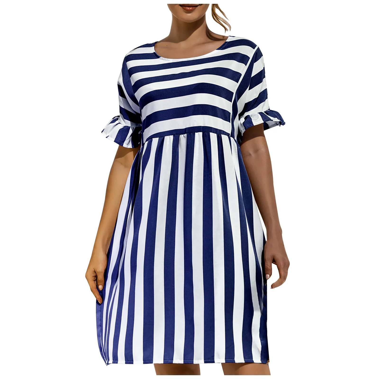 

Fashion High Quality Womens Holiday Ruffles Short Sleeve Striped Ladies Summer Beach Mini Sun Dress Vetement Femme Dropshipping