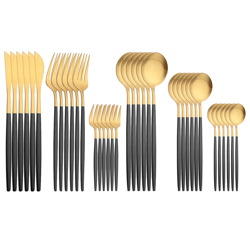 Набор столовых приборов из нержавеющей стали матовая черная и Золотая ложка