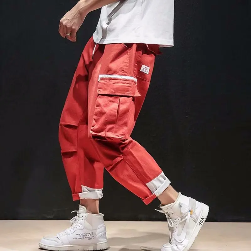 

Men Men's Cargo Pants Men Joggers Sweatpants Red Black Cargo Trousers Jogging Korean Streetwear Techwear Hip Hop Spliced