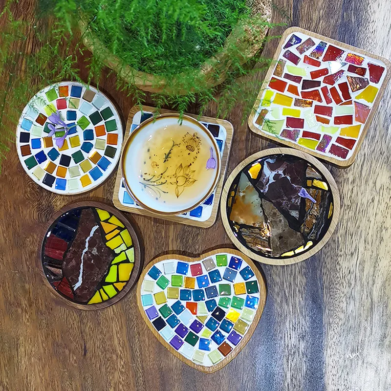 

Creative DIY Mosaic Coaster Personality Practical Design Mosaic Coaster Handmade Accessories Square Love Round Bamboo Groove