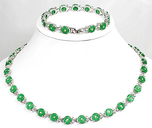 wholesale christmas gift green round coin Natural Stone silver plated bracelet &amp necklace jewelry set | Украшения и аксессуары
