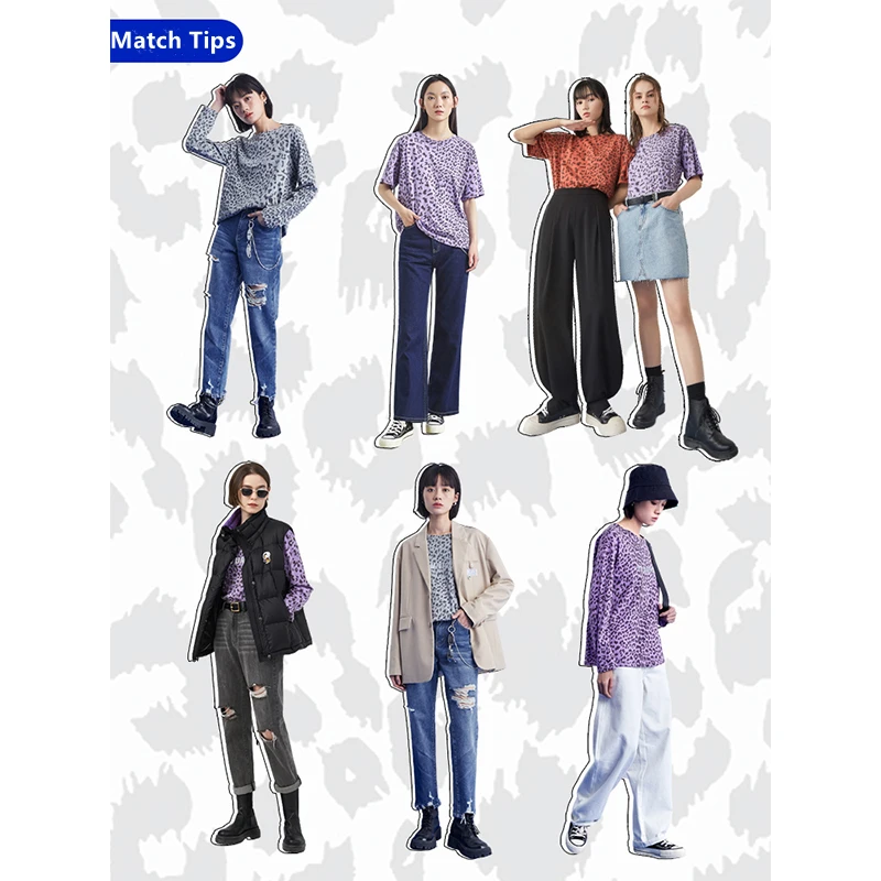 

Toyouth Tees Women Leopard Printed Gray Round Neck T-shirt Reflective Loose Chic Fashion Tops