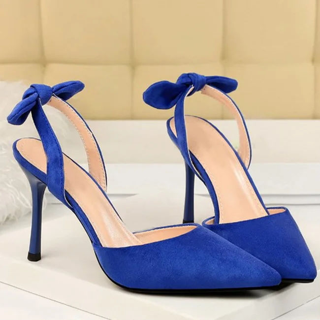 Boussac Elegant Bowtie Slingback High Heel Women Pumps Sexy Pointed Toe High Heels Ladies Shoes Suede Thin Heel Party Shoes B233