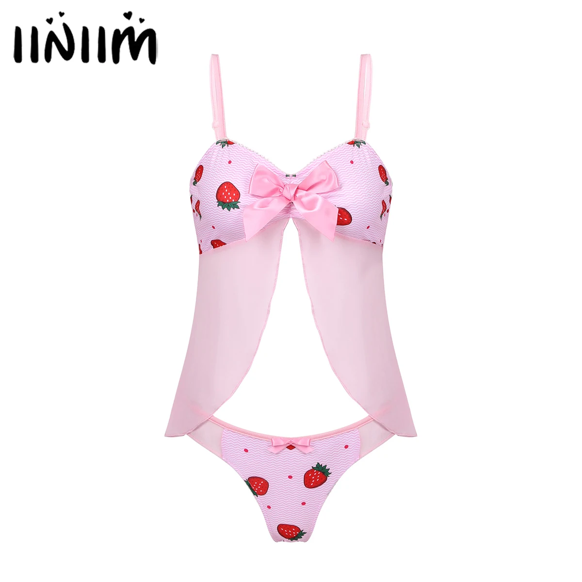 

Iiniim/s и принтом в виде Клубнички и Полосатое нижнее белье Sissy ансамбль; Одежда для сна; Разделение спереди сетки лоскутное платье на бретелях,...