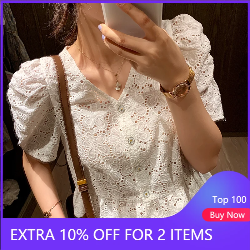 MISHOW 2020 летние кружевные блузки женские с пышными рукавами v образным вырезом