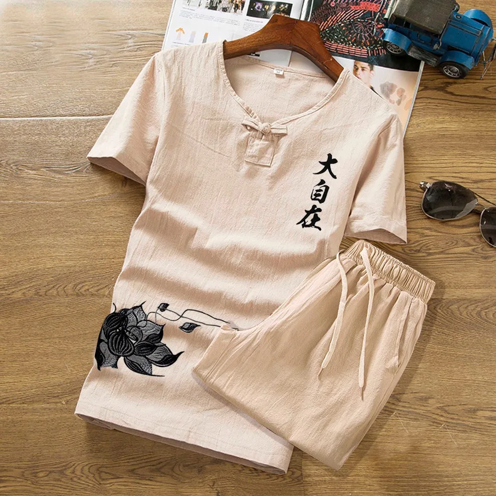 

T-shirt men V-neck Short-sleeved suit Casual shorts clothes clothing button summer print linen set M-5XL