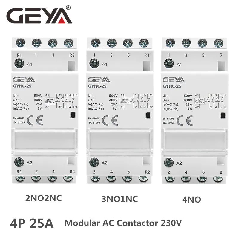 GEYA GYHC 4P 25A 4NC 4NO 2NO2NC 3NO1NC Din Rail Тип бытовой модульный контактор переменного тока 50/60Hz