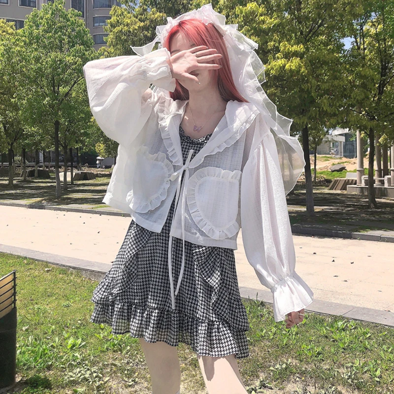 Топ укороченный женский в японском стиле шифоновая блузка с оборками и капюшоном