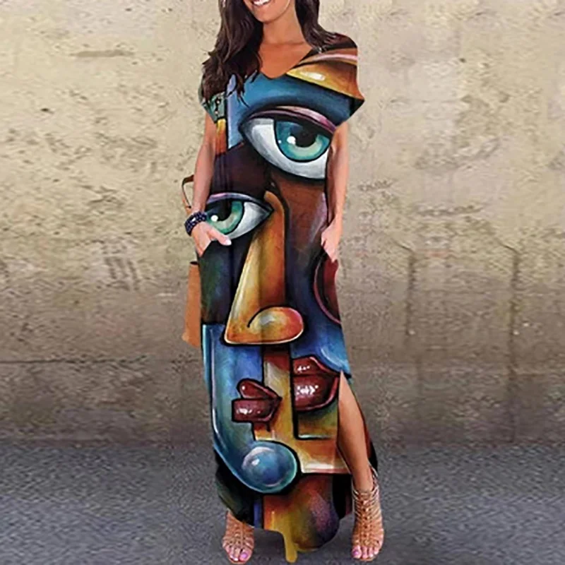 

Summer Women Loose Short Sleeve Party Dress Casual V-Neck Fashion Printing Female Dress Vintage Pullover Ladie Long Dress Femme
