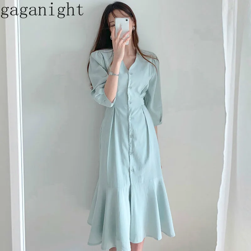 Женское однобортное облегающее платье Gaganight однотонное с длинным рукавом и