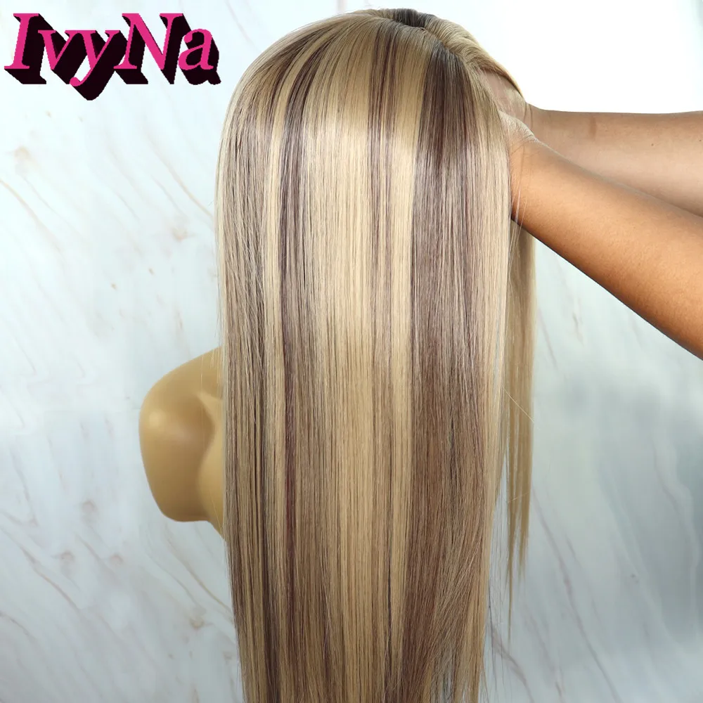 IvyNa D33/103 Blonde Ombre Synthetic Wigs Brown Highlight For Black Women Long Straight Silk Base Full Machine Made |