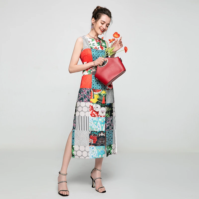 

Runway 2021 Summer New Women'S Fashion Casual Holiday Party Jacquard Print Patchwork Sleeveless Sexy Long Dress
