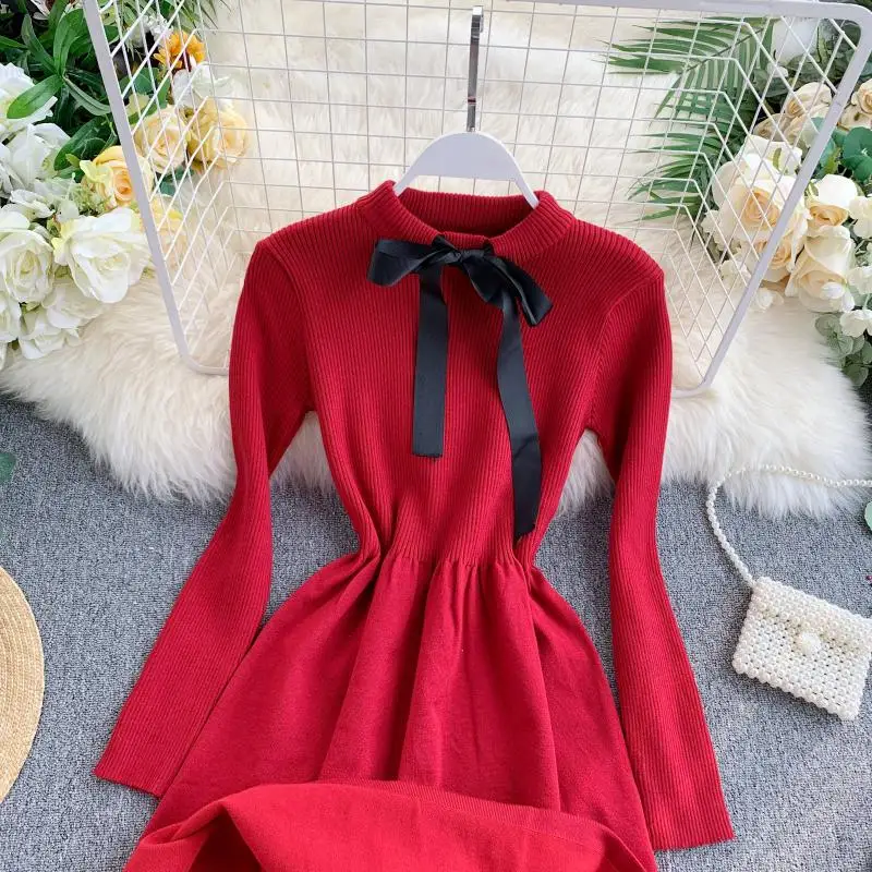 ALPHALMODA осеннее трикотажное платье с длинными рукавами и галстуком-бабочкой, милое женское платье с тонкой талией в консервативном стиле, трикотажное платье