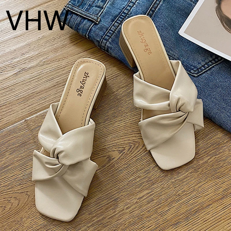 

Women Square Heel Slippers 2021 Spring Outdoor Open Toe Elegant Solid Sandals Women Brand Design Summer Shoes Female Slippers