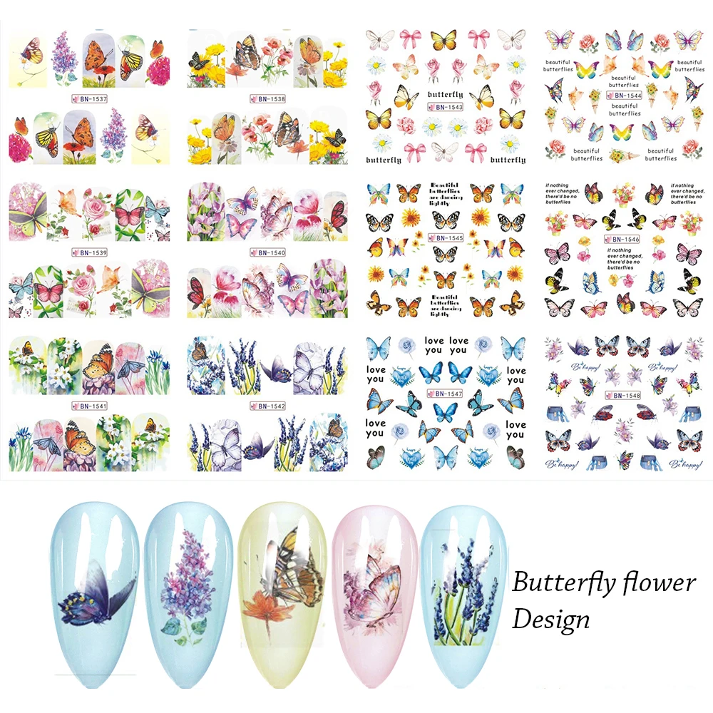 12 дизайнов красочных прекрасных наклеек для ногтей с цветами, бабочками и водным деколем MYBN1537-1548 на.