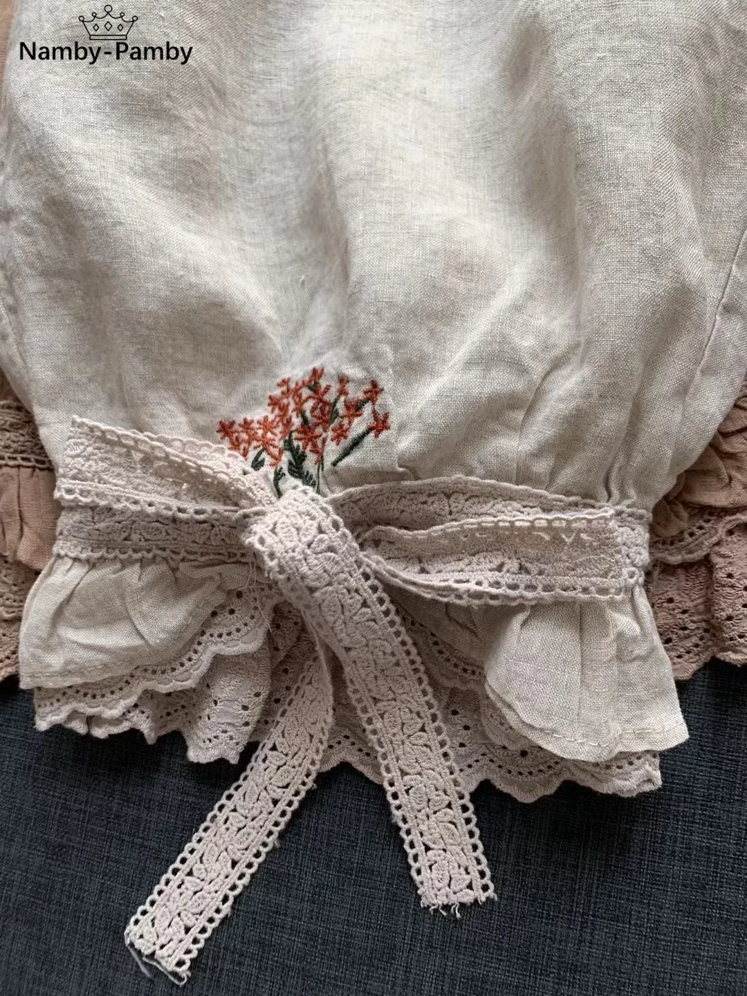 

P12 2021 summer autumn Japan Mori Girl Elastic Waist Lace Casual Pants Embroidered Linen Loose Bloomers Women
