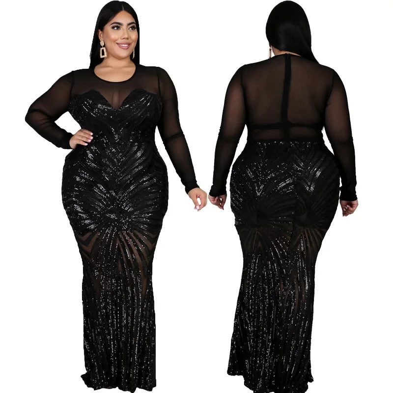 

Plus Size Sequin Bodycon Dress Sexy Mesh Black Bodycon Dress Autumn Women Wedding Loog Dresses Club Evening Party Dress XL-5XL