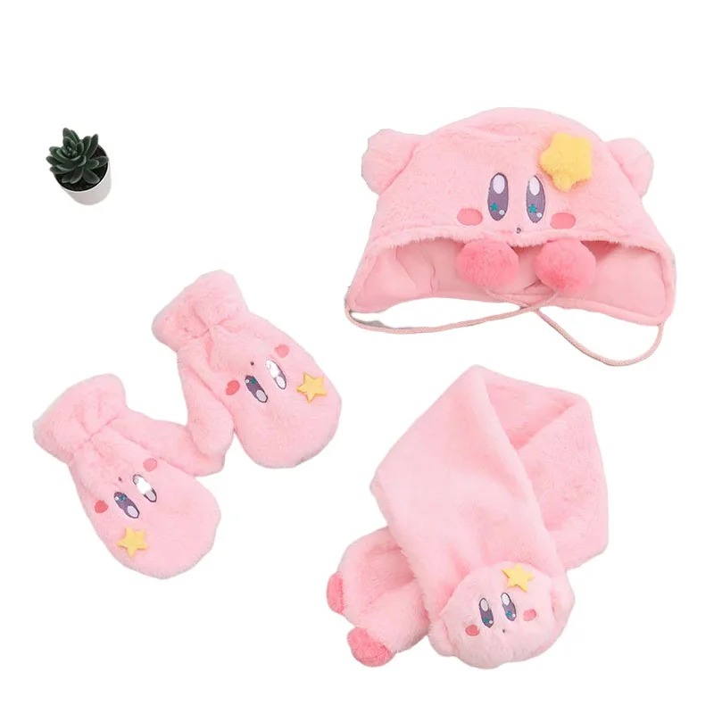 

Kawaii Kirby Anime Cartoon Series Kirby Scarf Gloves Hat Plush Cute Soft Baby Girl Holiday Gift