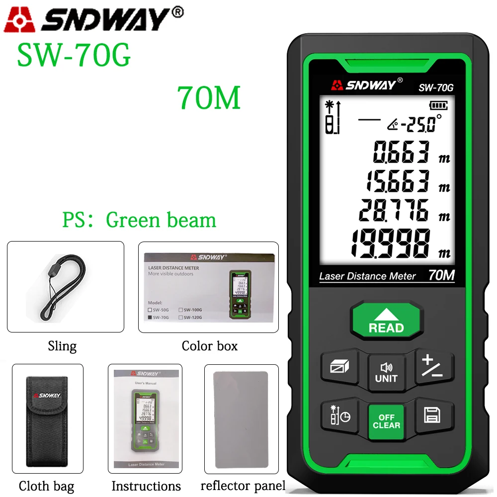 

SNDWAY Laser Distance Meter Green Digital Rangefinder 100m 70m 50m Range Finder Tape Measure Electronic Level Ruler Roulette