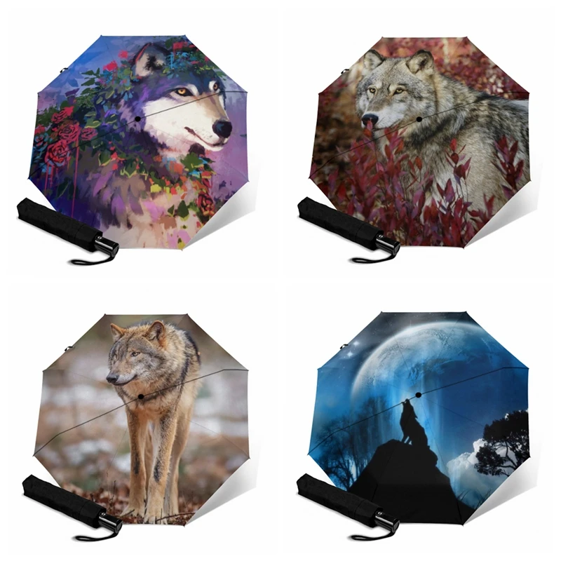 Auto Umbrella Windproof 3 Folding Outdoor Parasol Wolf Painting Frosted Handle Sun Rain Guarda Chuva Paragua Gear | Дом и сад