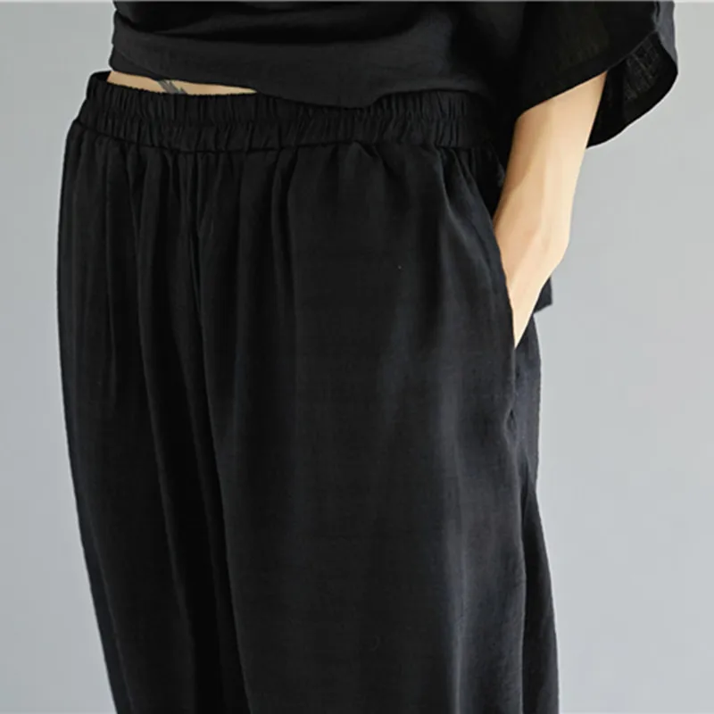 

Johnature Summer New Plus Size Women Two Pieces Sets 2021 Casual Solid Color Half Sleeve Elastic Waist Ankle-length Pant Sets