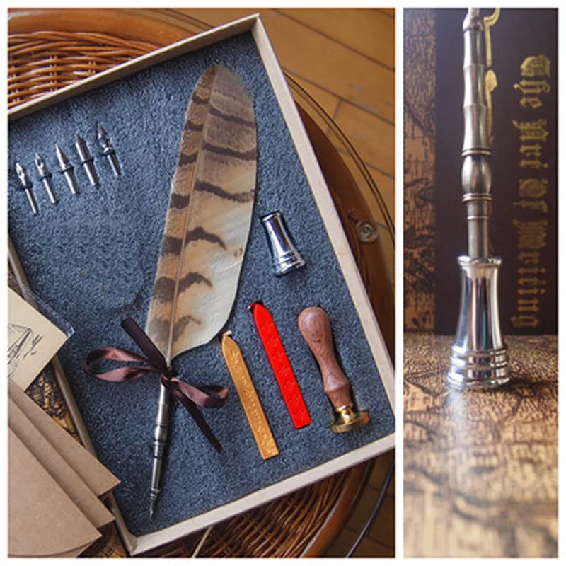 Nature Owl Feather Fountain Vintage Dip Pen with Seal Antique Stationery Envelope 5 Nibs 1 Pen Holder Feather Pen