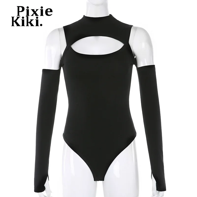 

PixieKiki Sexy Hollow Out Off Shoulder Long Sleeve Bodysuit Women Clubwear Fashion Tops Black White High Cut Body Suits P67-CA24