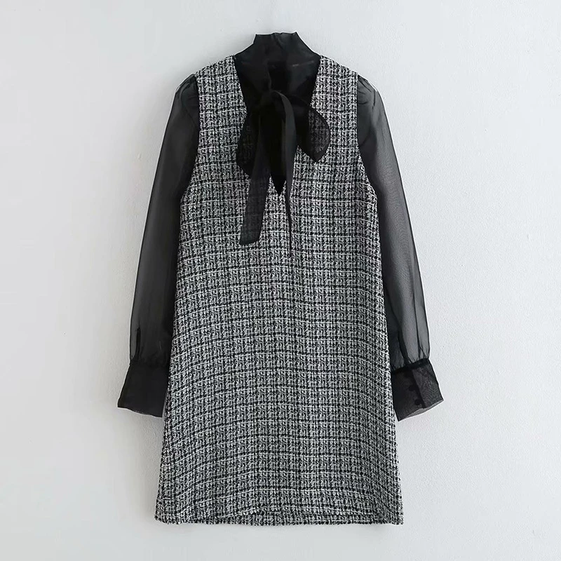 Винтажное женское мини платье с бантом и воротником в стиле пэчворк элегантное