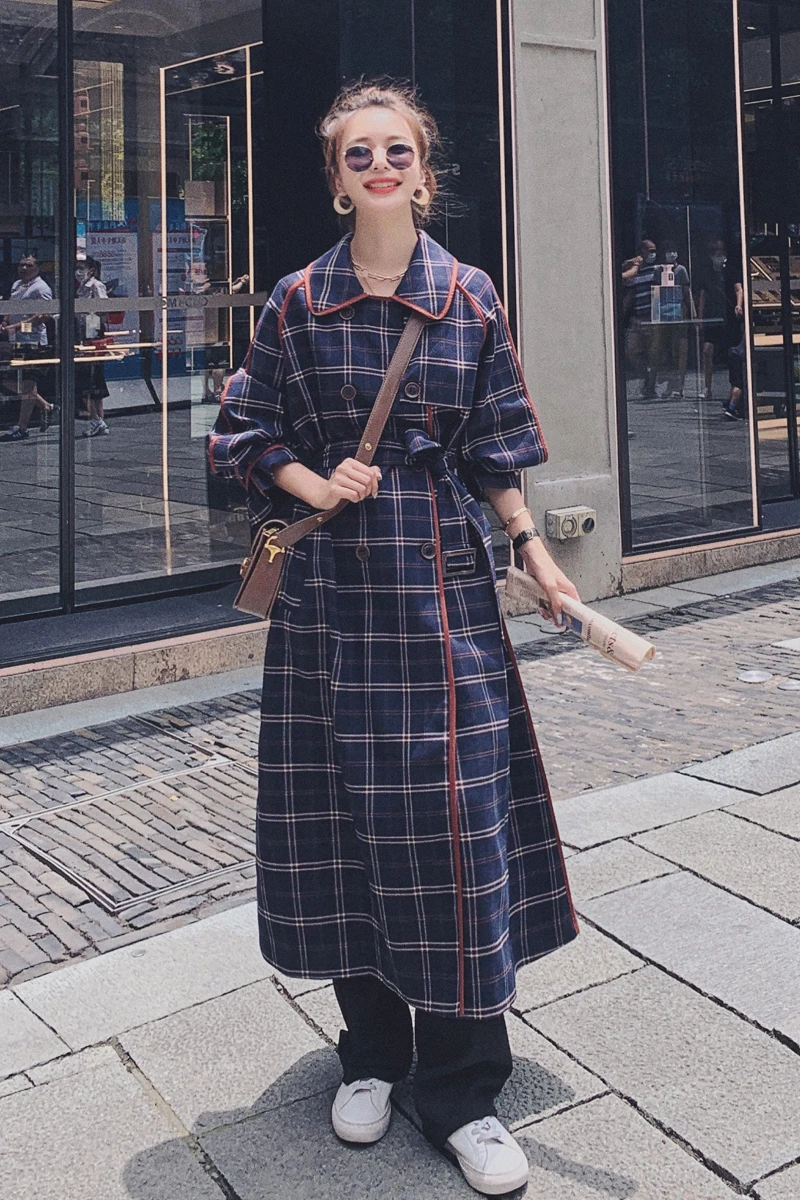 

Women Vintage Plaid Double Breasted Maxi Windbreaker Plus Size Loose Korean Long Trench Jacket Coat Female Bandage Overcoat