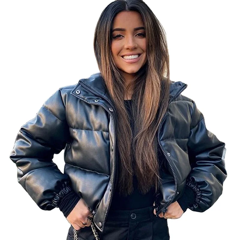 2021Winter Casual Thick Warm Short Parkas Women Fashion Black PU Leather Coats Women Elegant Zipper Cotton Jackets Female Ladies enlarge