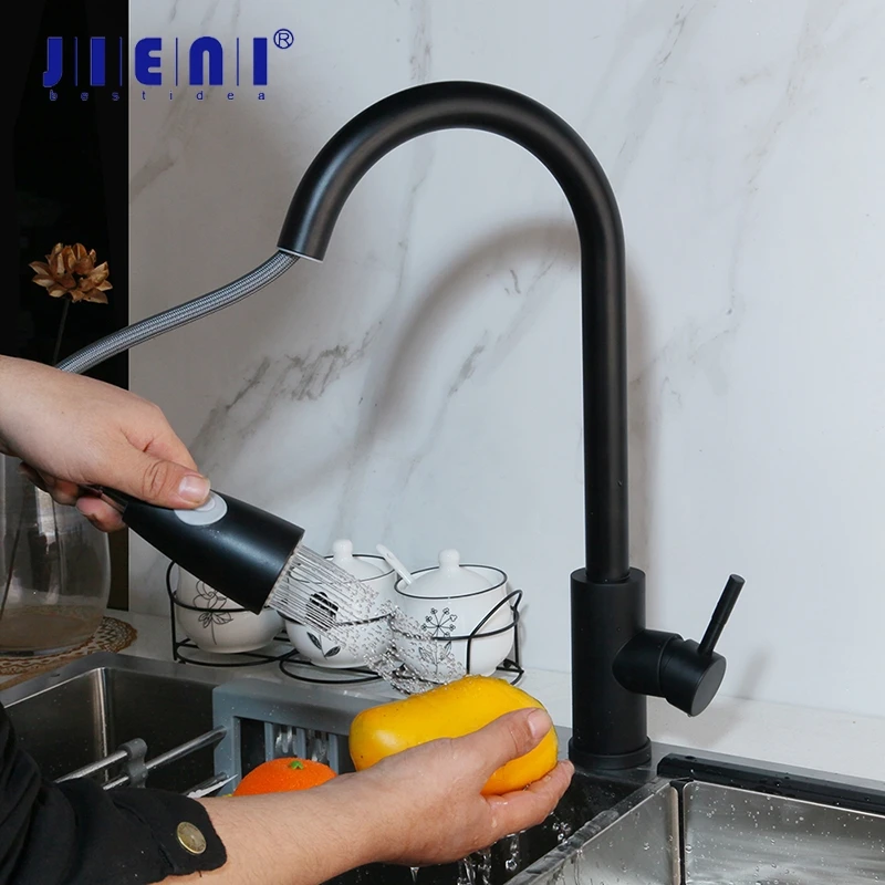 JIENI матовый черный выдвижной кухонный кран для раковины из твердой латуни 2