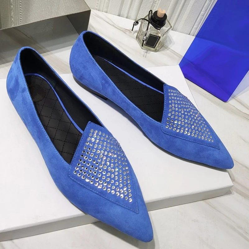 

Hot Brand Women Shoes Luxury Rhinestone Blue Loafers Fashion Pointed Toe Chaussure Femme New Shallow Zapato Mujer Slip-on Flats